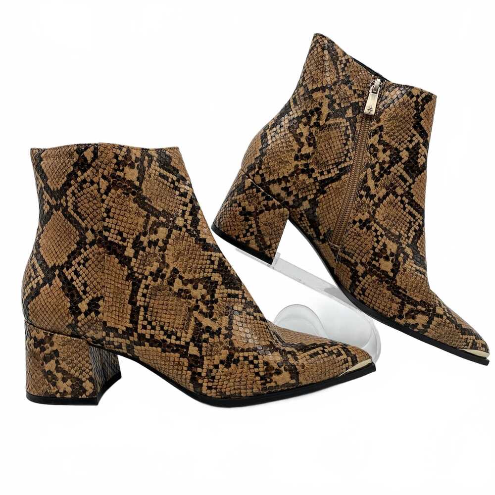 Kenneth Cole Tan/Black Snake Print Pointed Toe Heeled Ankle Booties | Size 8.5